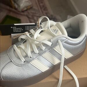Adidas Metallic Silver and White VL Court Sneakers